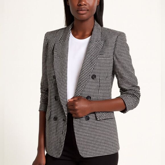 1.STATE Plaid Ruched Sleeve Blazer Women’s Small Black Career Office Checkered - Picture 1 of 10